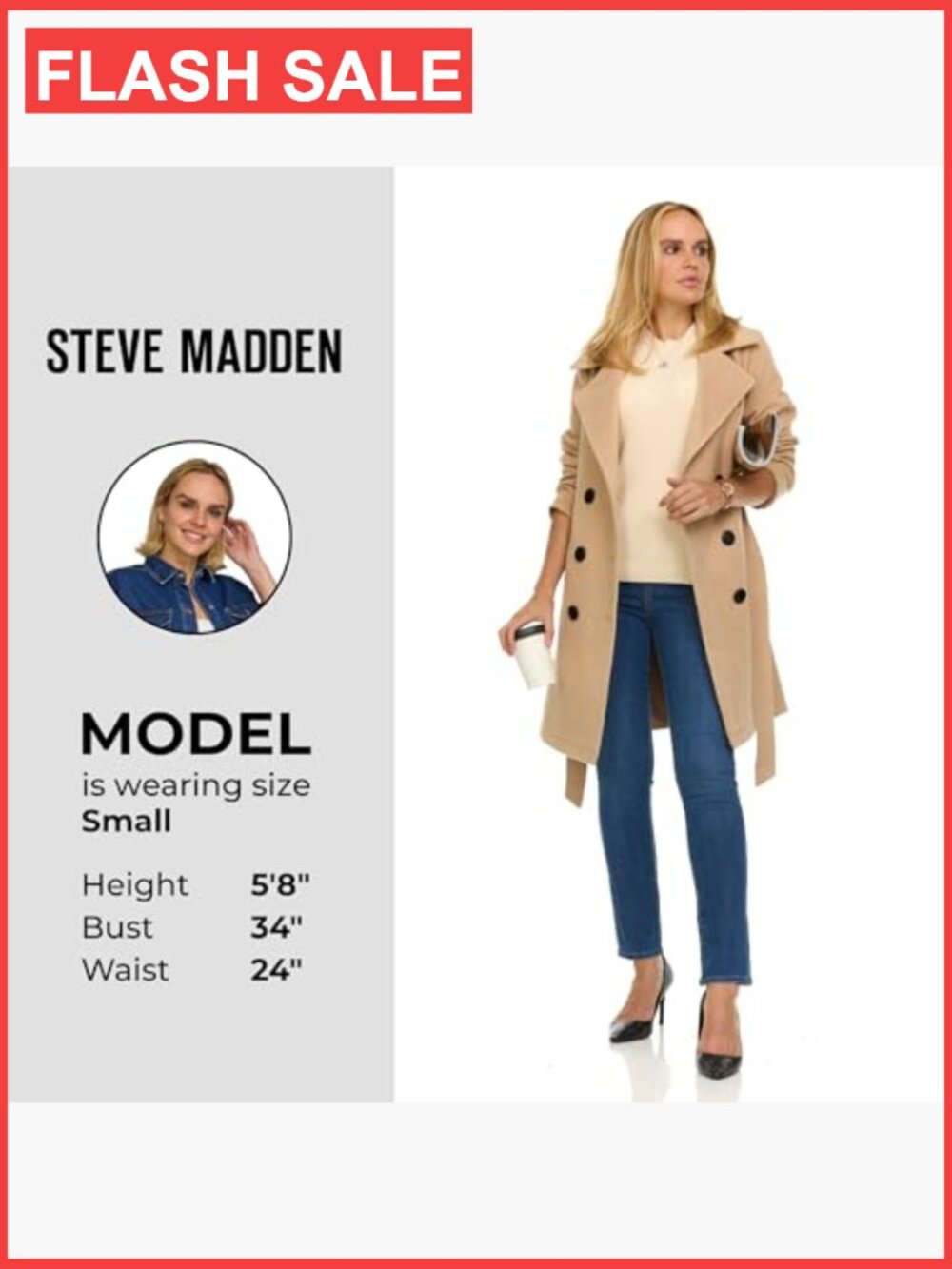 Double-Breasted Faux Wool Trench Coat - Long Winter Coat - Picture 6 of 7